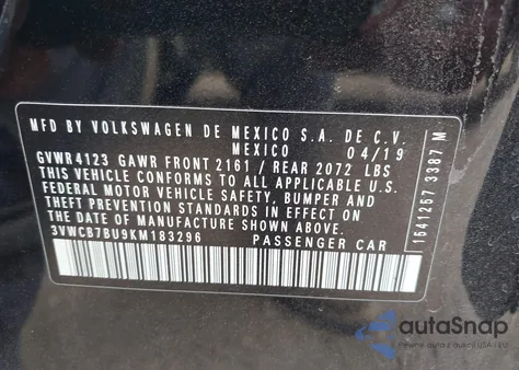 2019 Volkswagen Jetta 1.4T R-Line/1.4T S/1.4T Se z USA, uszkodzony, nr VIN 3VWCB7BU9KM183296